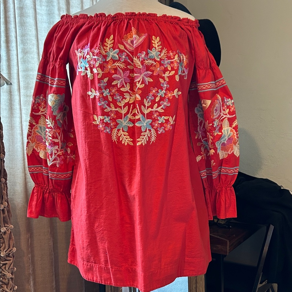 Free People Red Embroidered Off-Shoulder Tunic